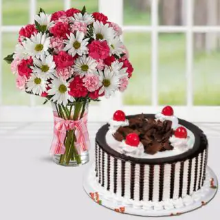 Vase arrangement of 15 mix flowers with black forest cool cake 