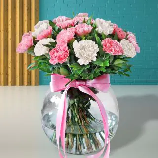 Vase arrangement of 20 pink and white carnations flowers 