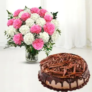 Vase arrangement of 20 pink and white carnations with chocolate cake 