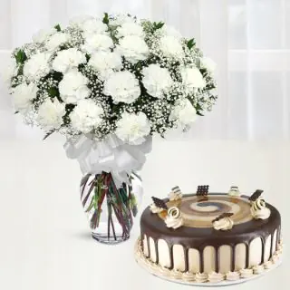 Vase arrangement of 20 white carnations with irish chocolate cake 