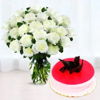 Vase arrangement of 20 white roses with strawberry cool cake