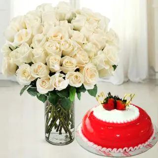 Vase arrangement of 25 white roses with strawberry cool cake
