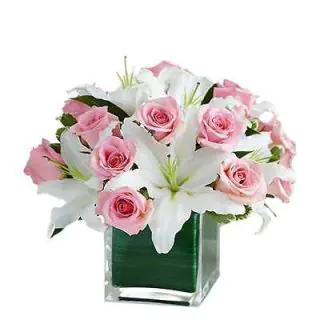Vase Arrangement of 2 white lilies with 15 pink roses 