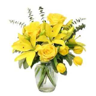 Vase arrangement of 2 yellow lilies with 10 yellow roses 
