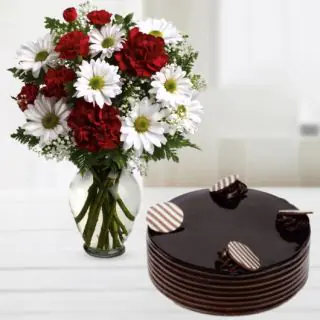 Vase arrangement of red carnation with white gerberas with chocolate fantasy cake 
