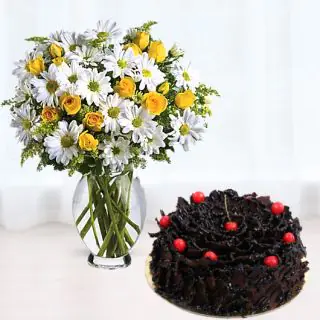 Vase arrangement of white daisies with yellow roses with chocolate fantasy cake 