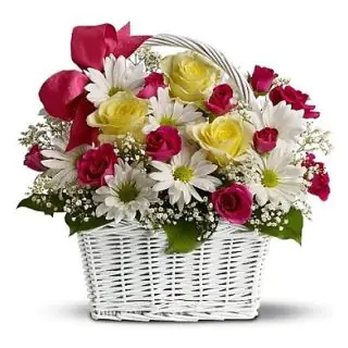 Beautiful Basket arrangement of mix red and yellow roses with white daisies 