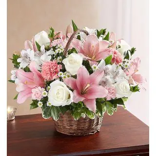 Beautiful Basket Arrangement of lilies, roses, carnations and Alstroemeria