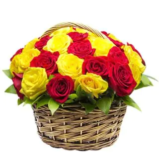 Basket arrangement of 15 red and yellow roses