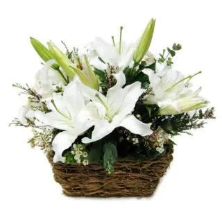 Basket arrangement of 5 white asiatic  lilies 