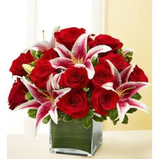 Beautiful Vase arrangement of red roses with pink lilies