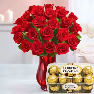 12 Roses Bunch with 16 pcs ferrero rocher chocolates