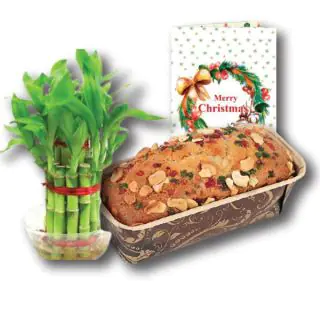 1 Kg Dry Fruit Plum Cake With Single Layer Lucky Bamboo Tree And Christmas Greeting Card