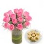15 pink roses in glass vase with half kg sohan papdi