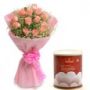 20 pink roses with 1 kg haldiram rasgullas
