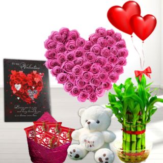 Heart shape arrangement of 30 pink roses, 6 inch height teddybear , Basket of 20 kitkat chocolates, 2 layer Lucky bamboo plant ,5 blown balloons with greeting card 