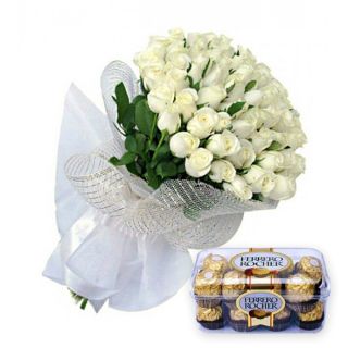 Bunch of 20 white roses with box of 16 pcs ferrero rocher chocolates