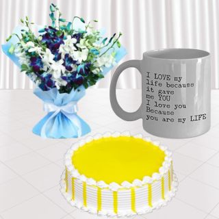 Beautiful Bouquet of 10 mix colour orchids , half kg pineapple cake with photo  mug 