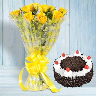 12 Yellow Roses Bunch With 1 Pound Blackforest Cake
