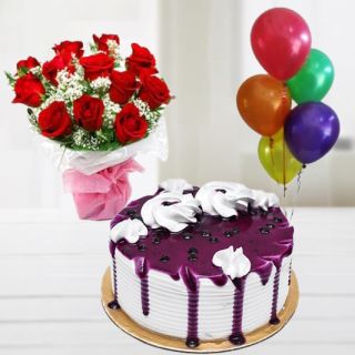 Bunch of 10 red roses with special packing with black forest cake with 5 blown balloons