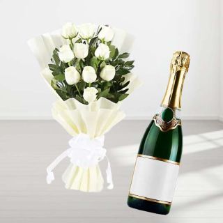 Bunch of 12 white roses with Bottle of champegne