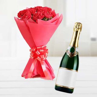 Bunch of 15 red carnations with bottle of champegne