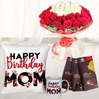 Bunch of 50 red and white roses, photo cushion with photo mug, set of 3 bournville chocolates