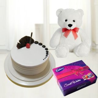 Box of celebration assorted chocolates with 6 inch white colour teddy bear with vanilla cake