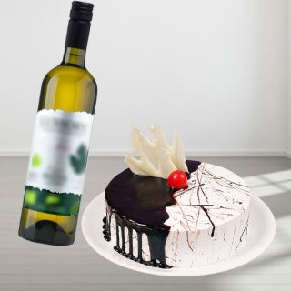 chocovanilla cake with bottle of white wine