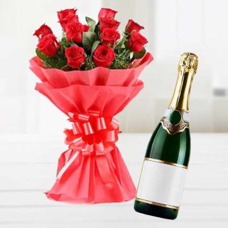 Bunch of 15 red roses with bottle of champegne 