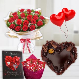 Bunch of 10 red roses , 1 kg heart shape chocolate fantasy cake, 2 heart shape balloons, pack of 5 kitkat chocolates, with valentine card 