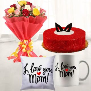 Bouquet of 12 mix colour roses, 1 pound red velvet cool cake, with set of photo mug and photo cushion 