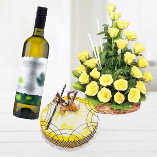 basket of 15 yellow roses with pineapple cake with bottle of white wine