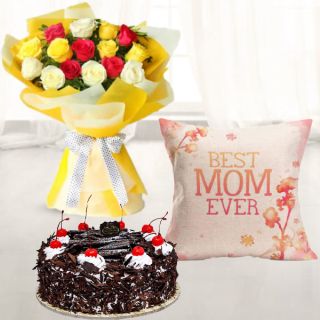 Bunch of mixed colour roses, half kg black forest cake, with photo cushion 