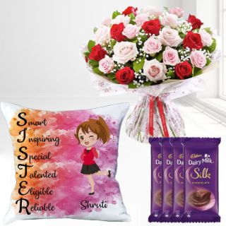 Bunch of 15 red and pink roses, photo cushion with set of 6 dairy milk silk chocolates 