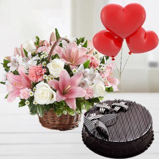 Basket of 15 mix colour roses with chocolate fantasy cake with 3 heart shape balloons 