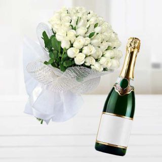 Bunch of 20 white roses with bottle of champegne 