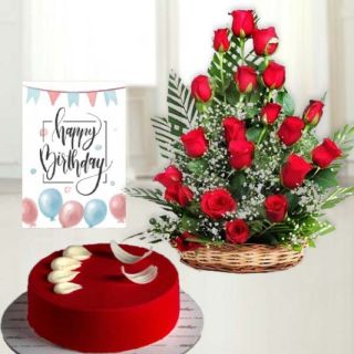 20 red roses basket arrangement, red velvet cool cake, birthday greeting card 