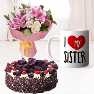 Half kg black forest cool cake, photo mug with bunch of  exotic mix flowers 