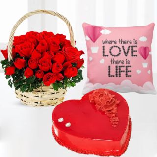 Basket of 25 red roses, Half  kg heart shape strawberry cake, photo cushion 