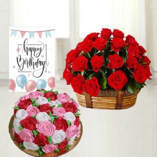20 red roses basket, floral theme cake in vanilla flavour, birthday greeting card 