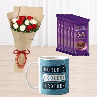 Bunch of 10 red and white roses, photo mug, set of 6 dairy milk chocolates 