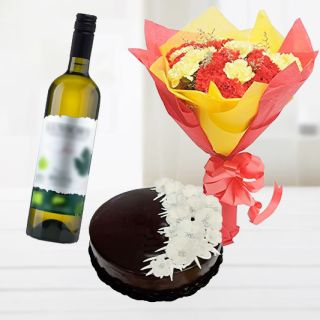Bunch of 24 carnations with chocovanilla cake with bottle of white wine