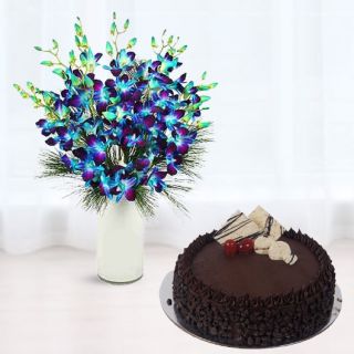 10 blue orchids arranged in glass vase with 1 kg chocolate chips cake 