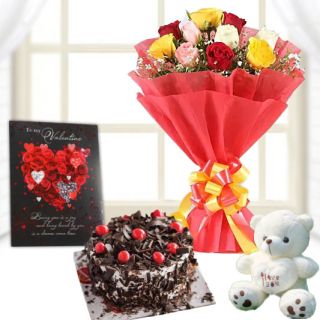 10 mix roses bouquet, half kg black forest cake, valentine greeting card with 6 inch teddybear 