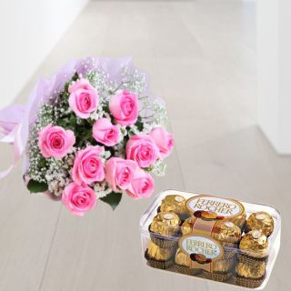 10 pink roses bouquet with 16 pcs rocher ferrero chocolates 