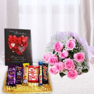 10 pink roses bunch , basket of assorted chocolates, valentine greeting card 