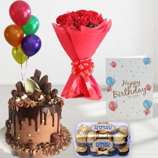Bunch of 10 red carnation, chocolate explosion cake, 16 pcs rocher ferrero chocolates, birthday greeting card, with 5 blown balloons