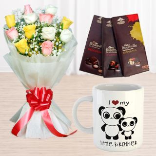 Bunch of 12 mix colour roses, photo mug with set of 3 bournville chocolates 