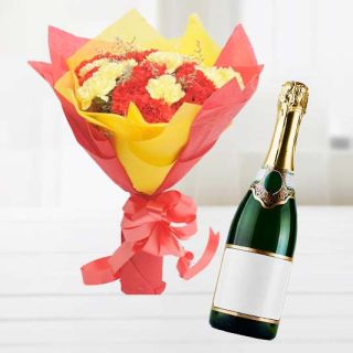 Bunch of 20 red and yellow carnations with bottle of champegne